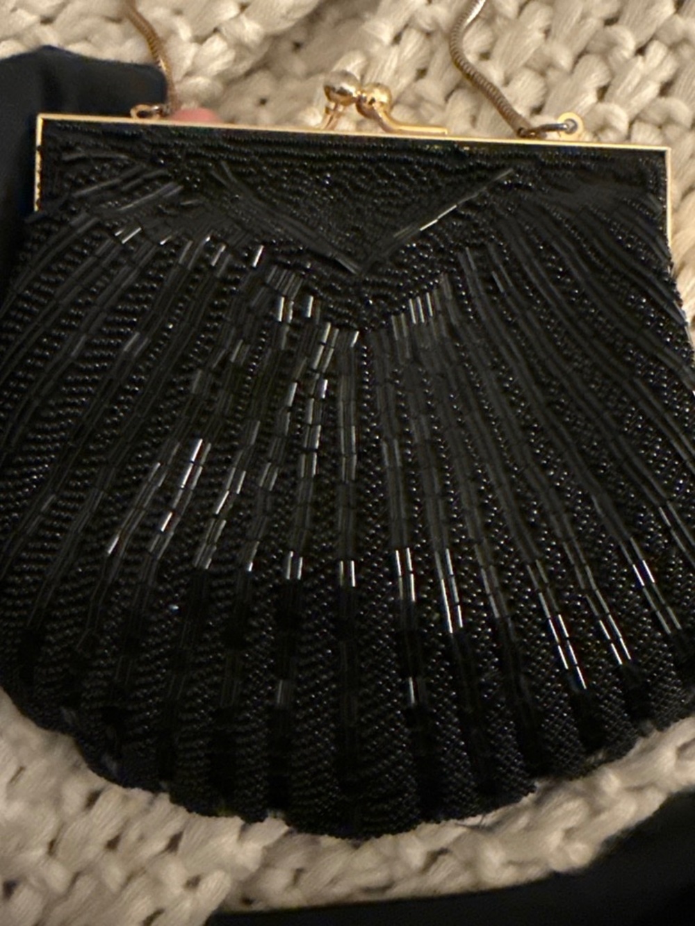 Beautiful Black vintage beaded clutch with gold accents and vertical beadwork fr